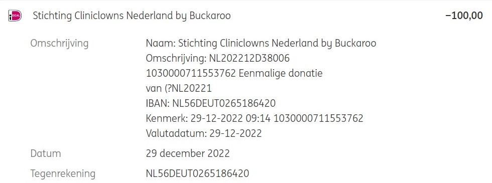 29-12-2022 CliniClowns sponsoring voor <strong>€ 100,-</strong>